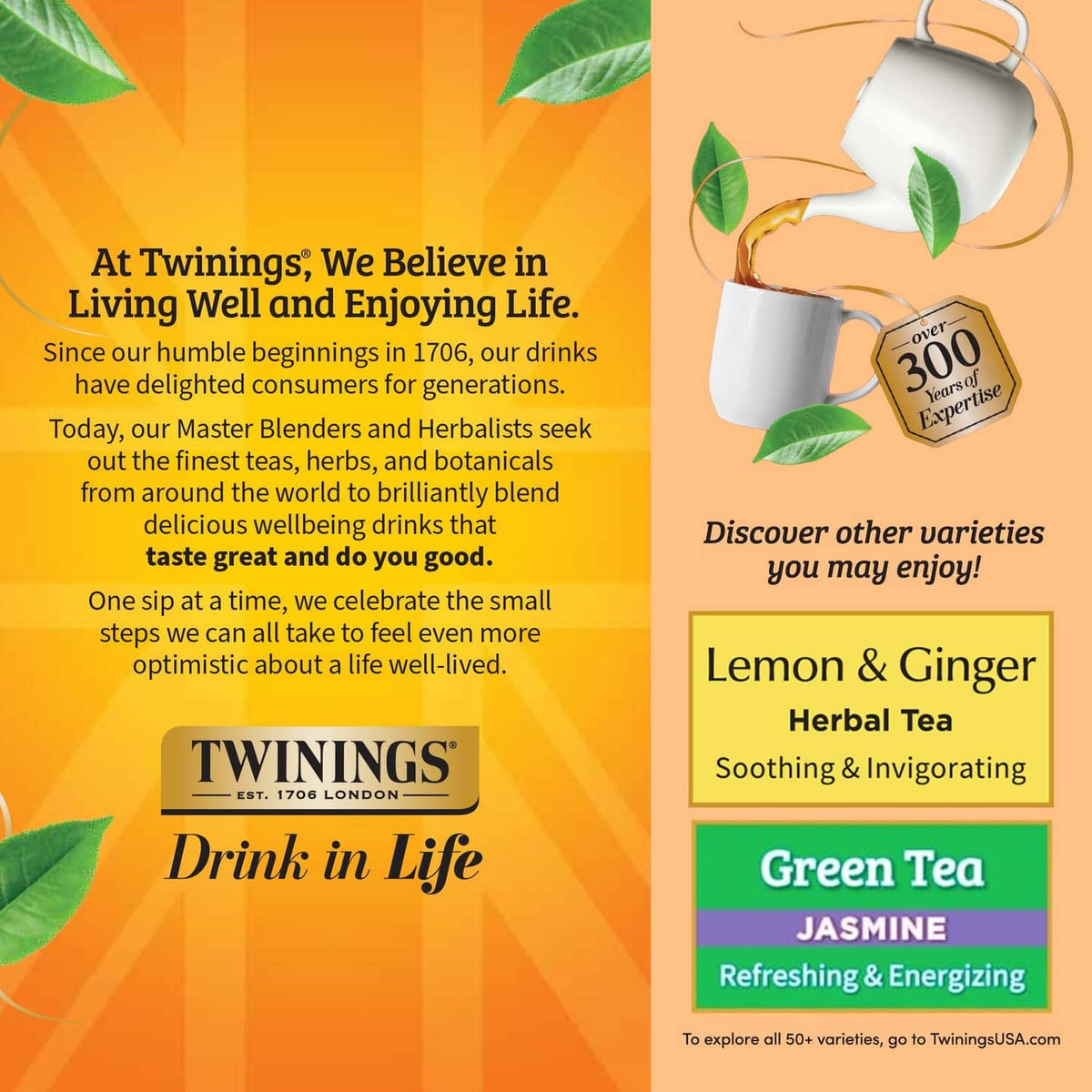 Twinings Peach & Orange herbal tea pack with Drink in Life branding