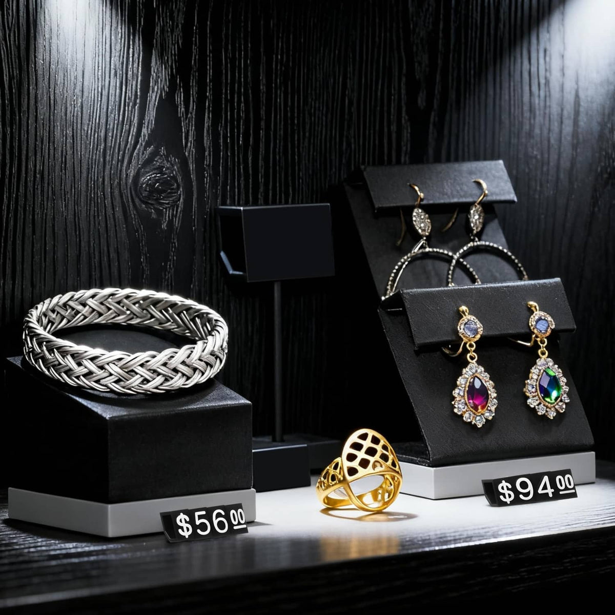 Black jewelry display cubes with price labels $56.00 and $94.00 and earring tags