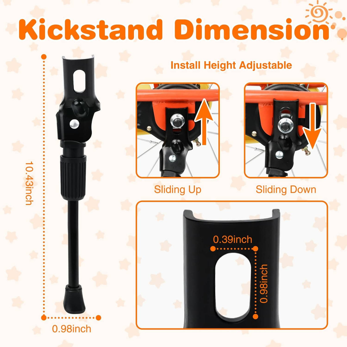 Black adjustable height kickstand with mounting bracket and rubber foot