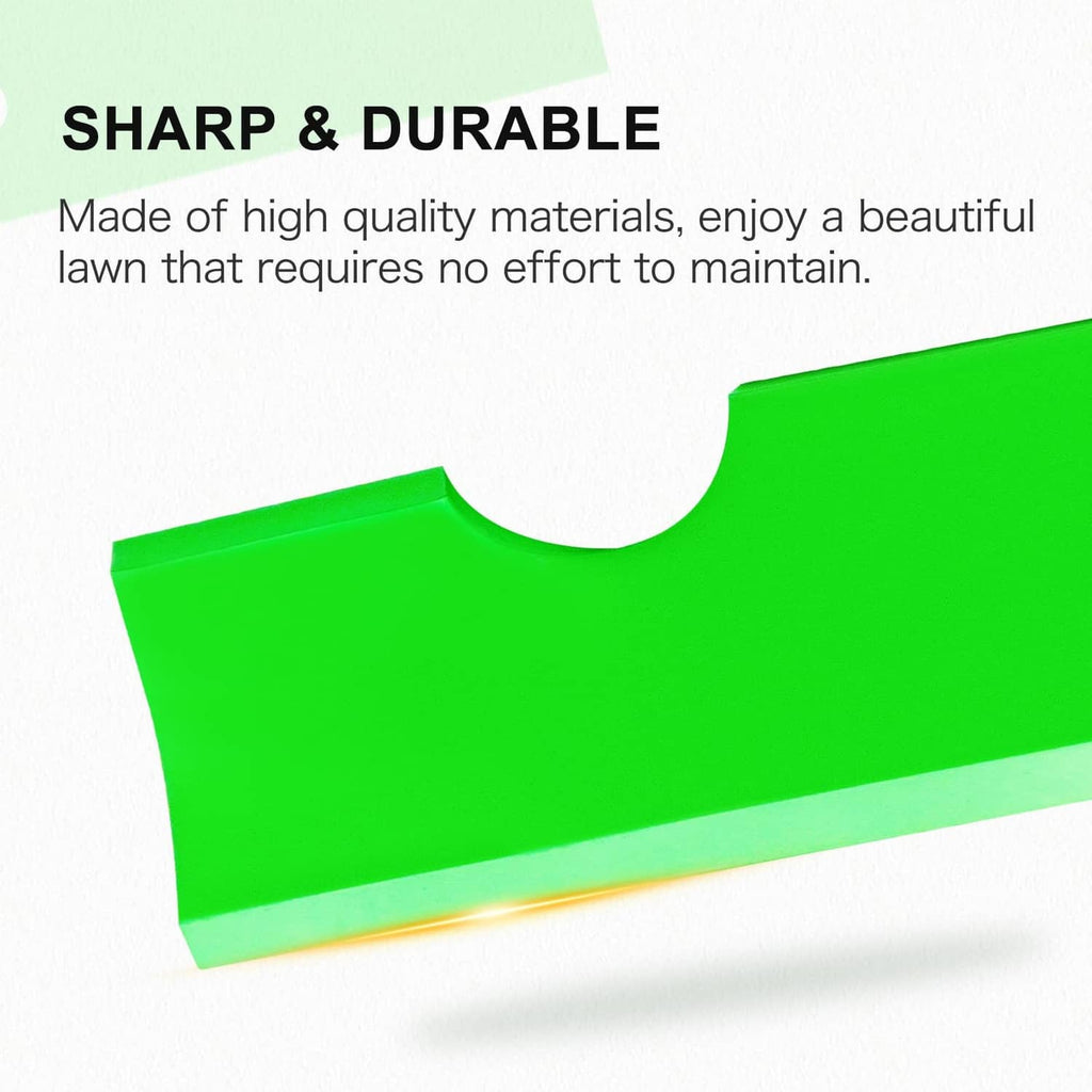 Green high-lift mower blade with sharp cutting edge and mounting bolt hole.