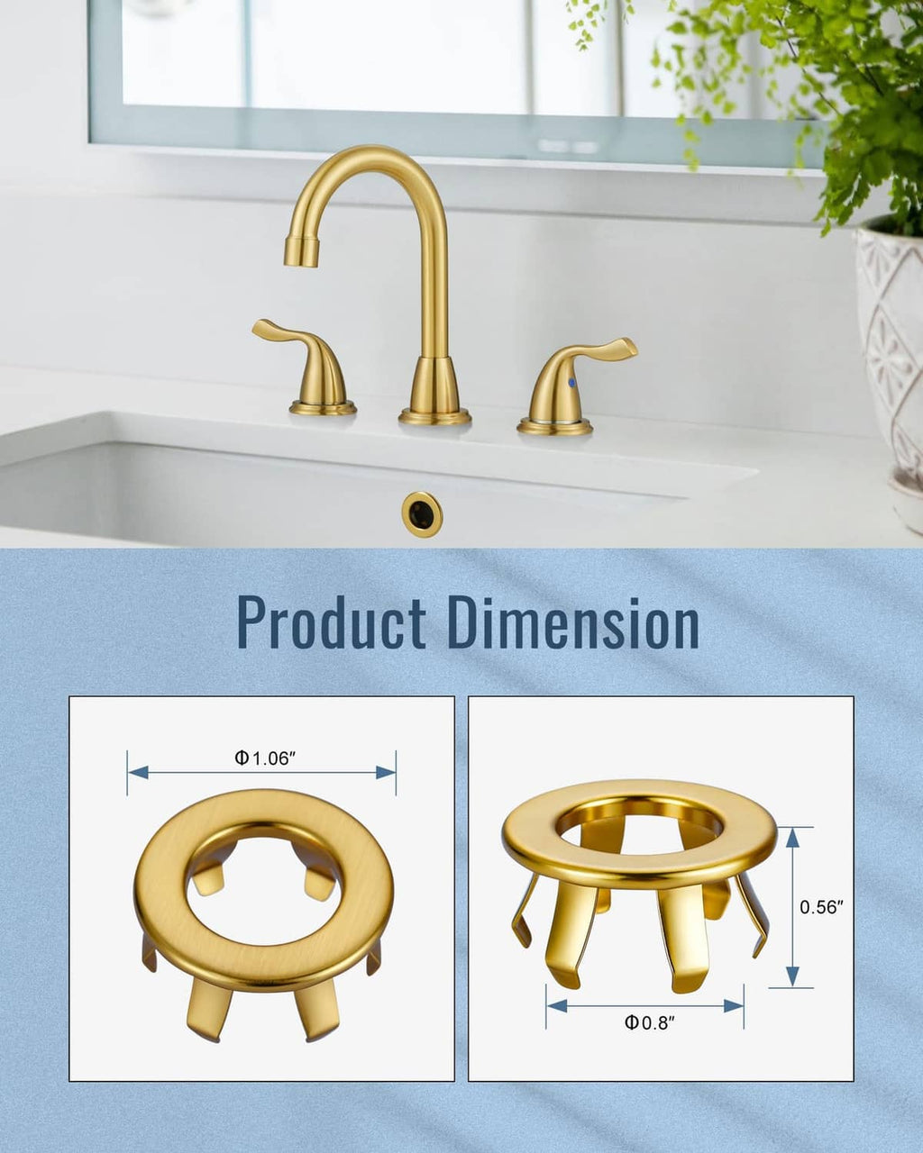 Brushed gold sink overflow ring with circular opening and raised mounting legs