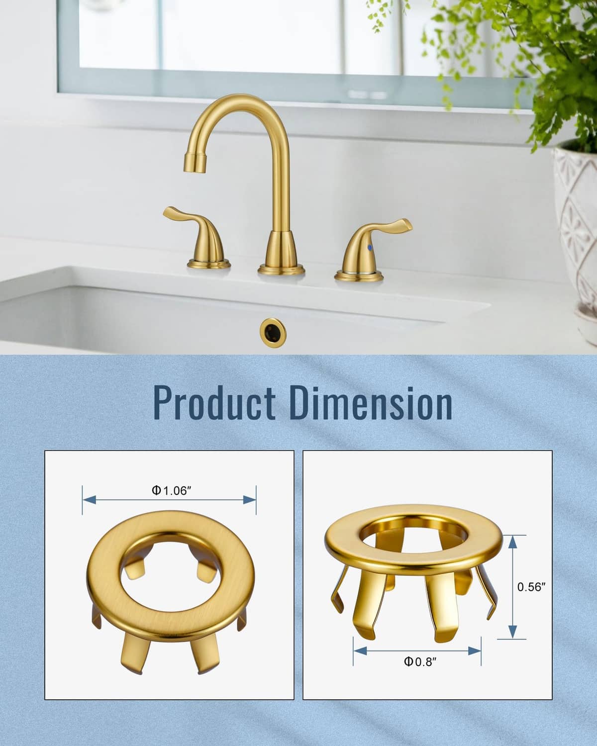 Brushed gold sink overflow ring with circular opening and raised mounting legs