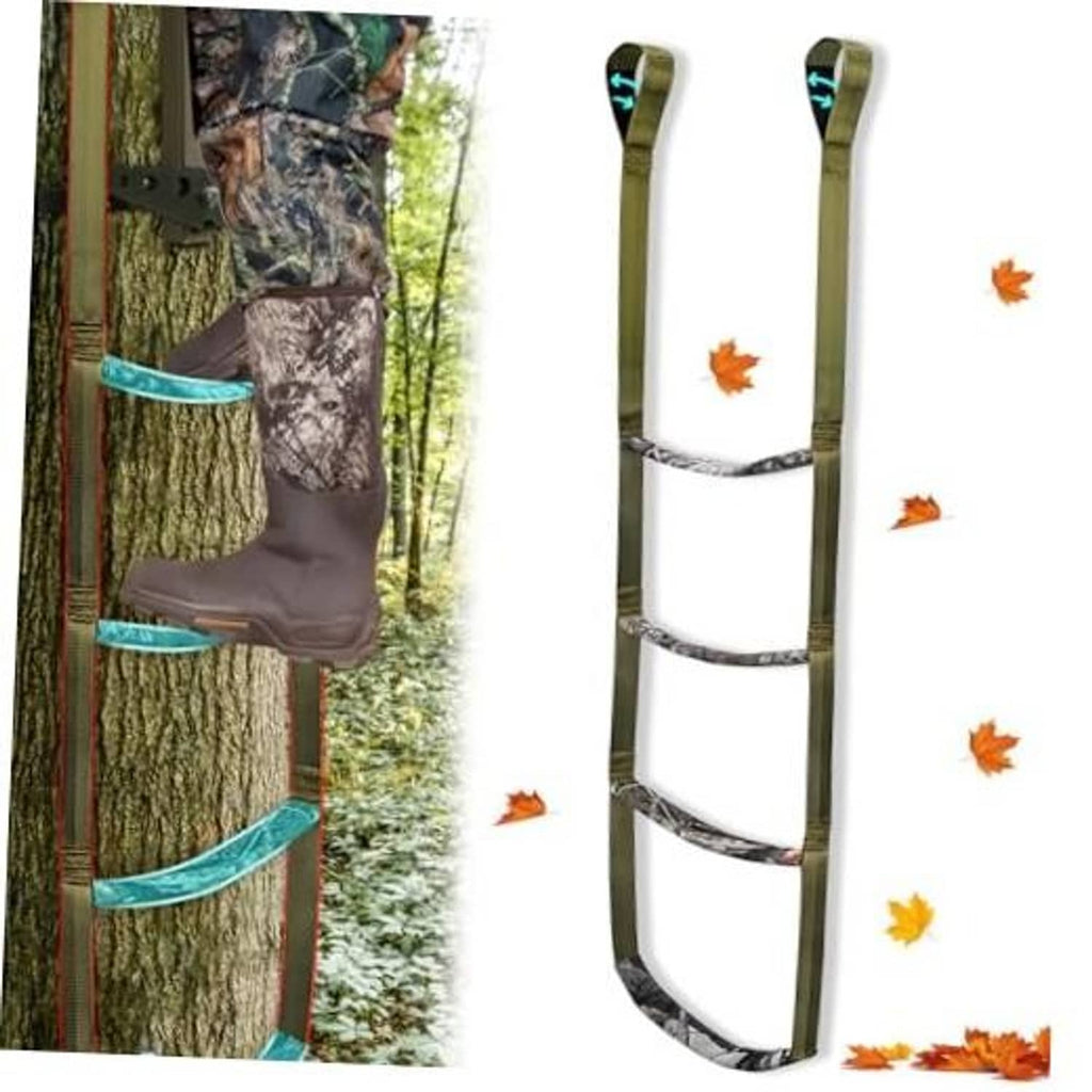 Green 4-step climbing stick aider with camo upper pad and turquoise-lined step straps