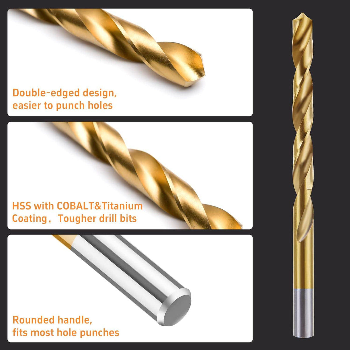 Gold left-hand drill bit with spiral flutes on diagram, showing double-edged design
