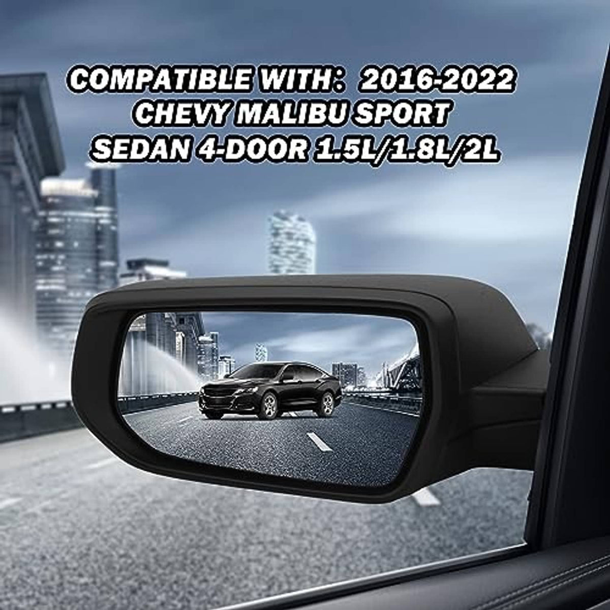 Installed left driver side rearview mirror with black textured housing and clear glass