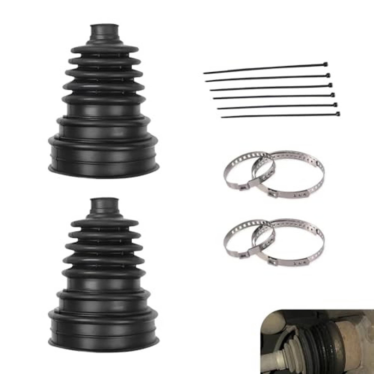 Black CV axle boot pair with stainless steel band ties and cable ties