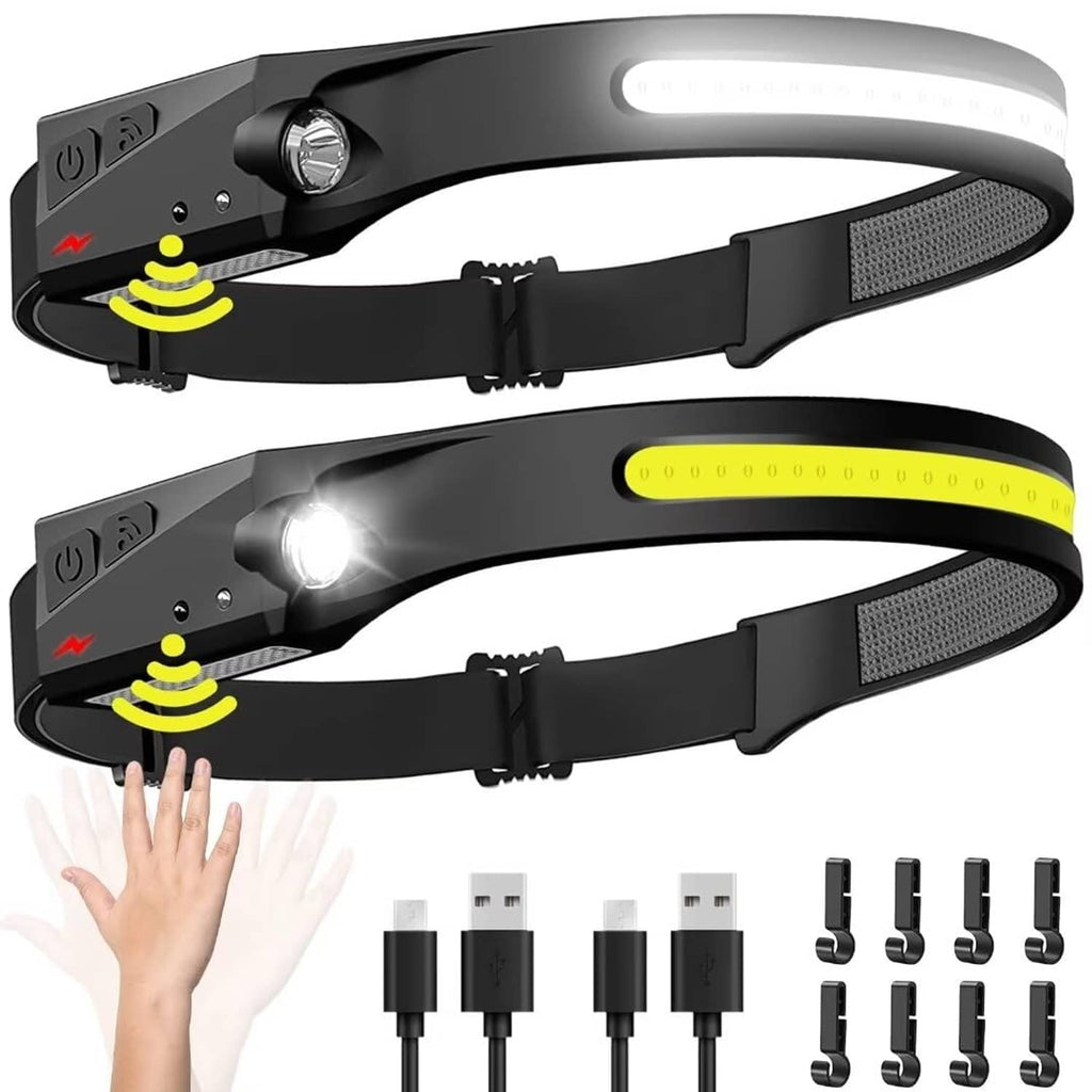 Black rechargeable LED headlamp pair with adjustable elastic headbands and bright light strips