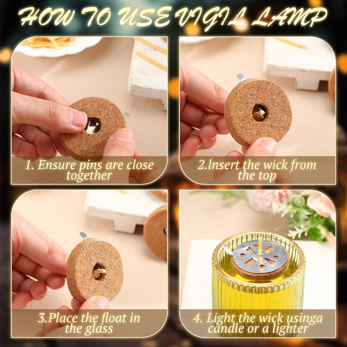 Beeswax candle wick with cork float: wick inserted into round cork disc by hand