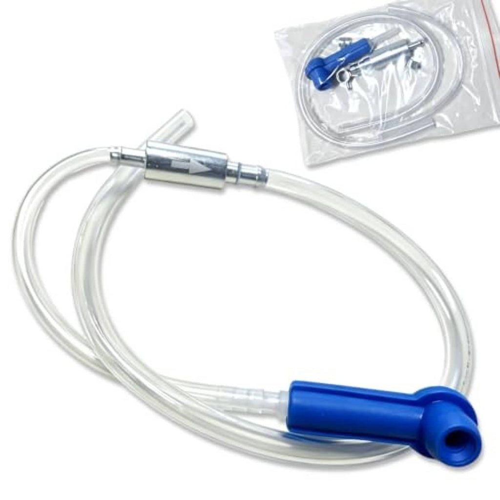 Universal brake bleeder kit: clear tubing with blue one-way valve and connector adapter