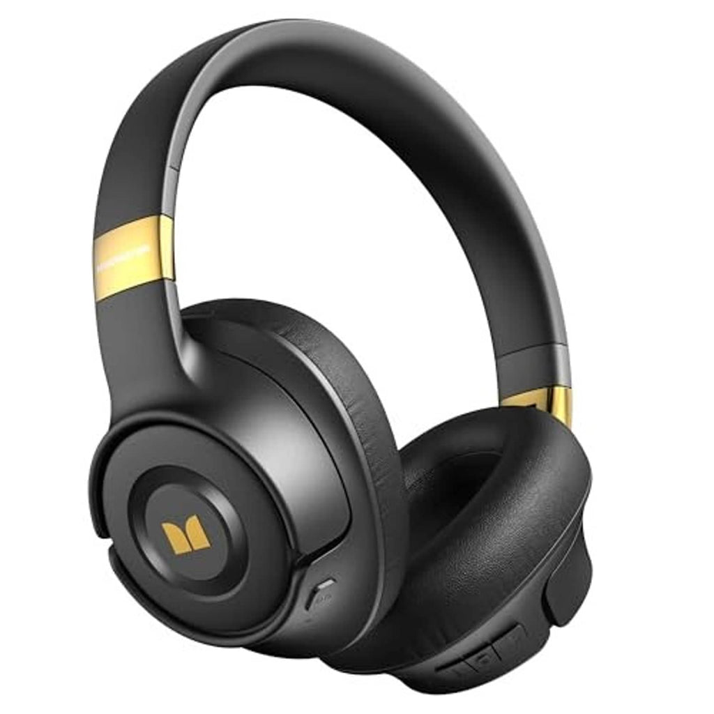 Black over-ear wireless noise-cancelling headphones, side view with cushioned ear pads