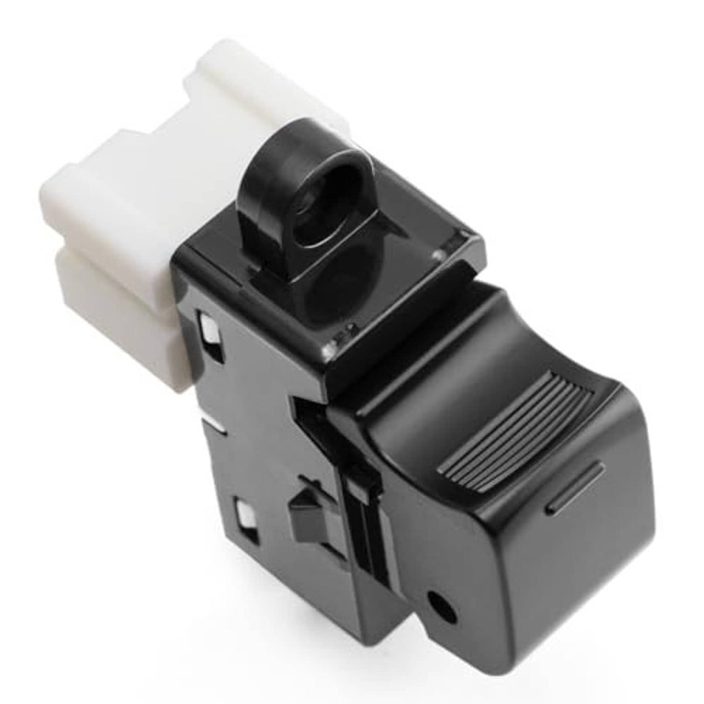 Power window switch module close-up with dark gray button and white connector