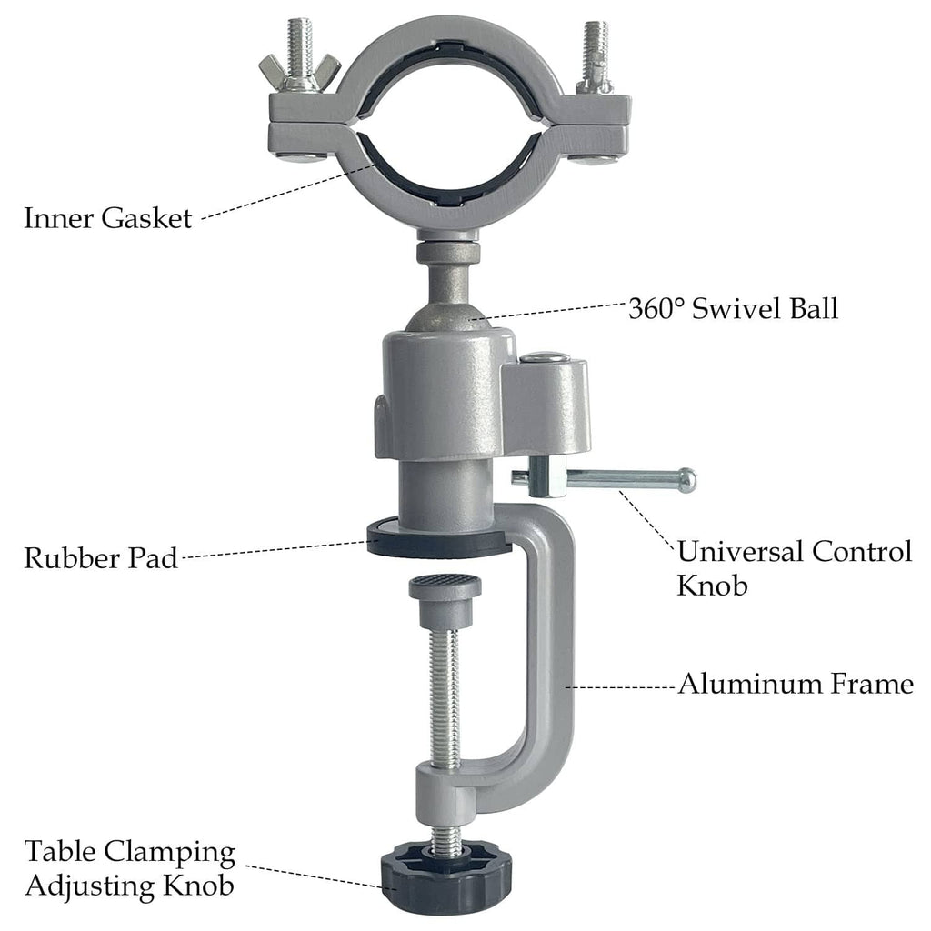 Bench clamp vise with aluminum frame, rubber pad, and 360° swivel ball