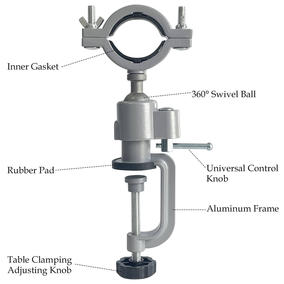 Bench clamp vise with aluminum frame, rubber pad, and 360° swivel ball