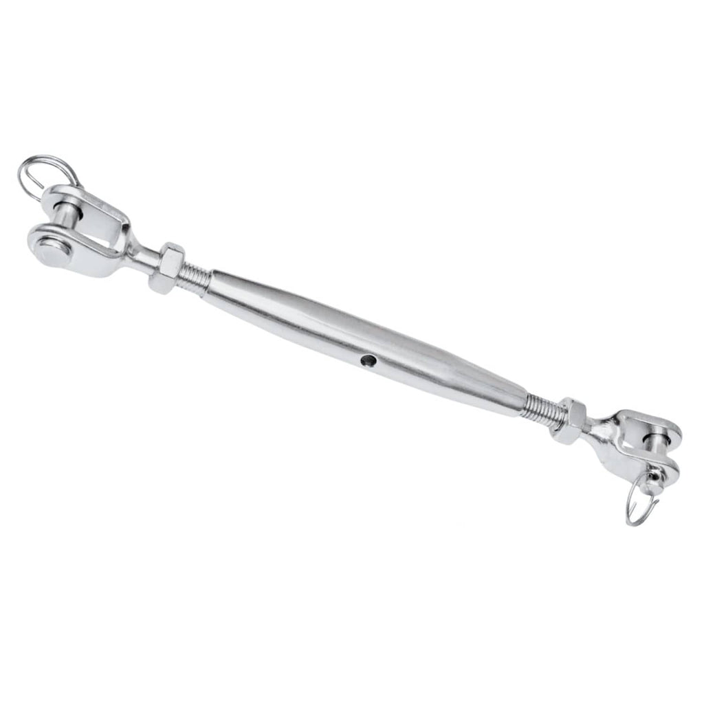Stainless steel turnbuckle with closed-body rod and eye hook end hardware