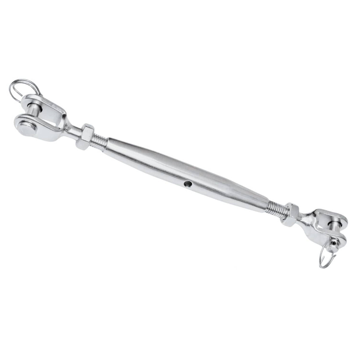 Stainless steel turnbuckle with closed-body rod and eye hook end hardware