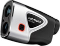 Golf laser rangefinder with red power button, silver and black body, large objective lens
