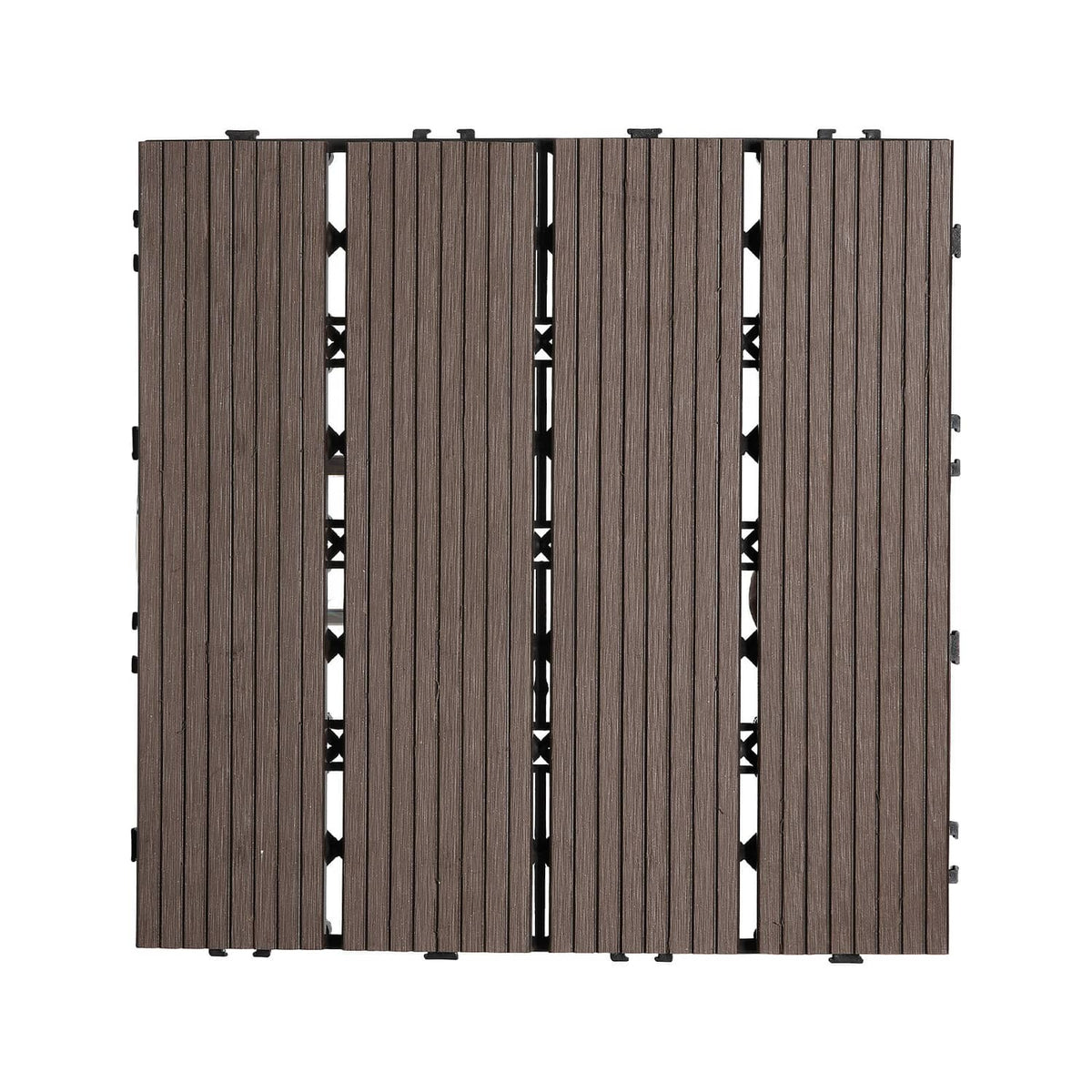 Dark brown deck tile edge with interlocking connector tabs