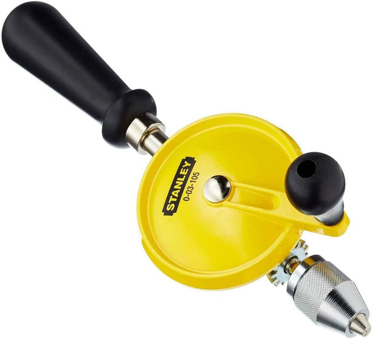 Stanley hand drill featuring yellow circular head, black grip handle, and silver chuck