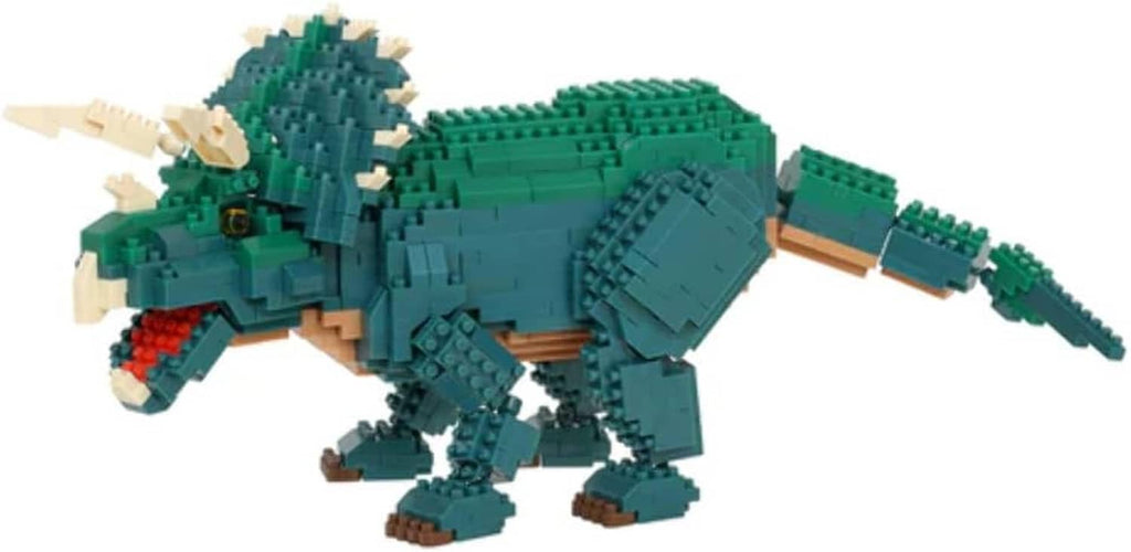 Triceratops dinosaur block model, side view with green plates, beige horns and red stripe