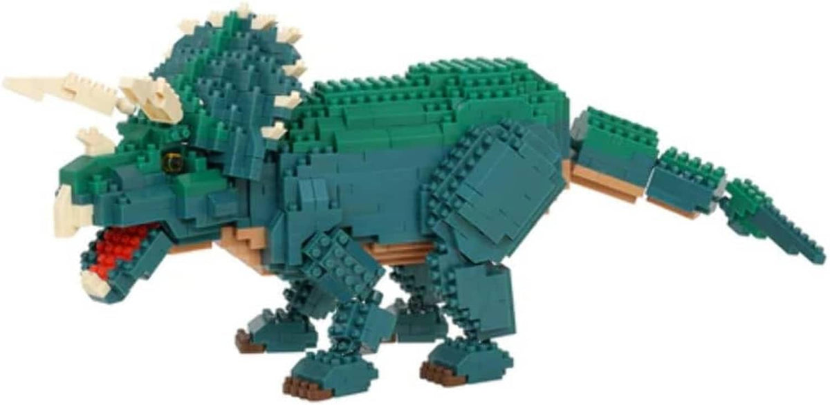 Triceratops dinosaur block model, side view with green plates, beige horns and red stripe