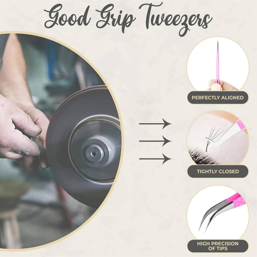 Pink eyelash tweezers detail diagram with aligned, tightly closed high-precision tips