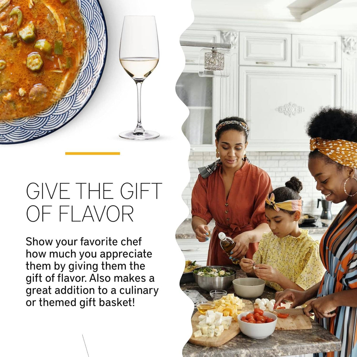 Orange-brown gumbo in a bowl with green okra pieces and a wine glass nearby