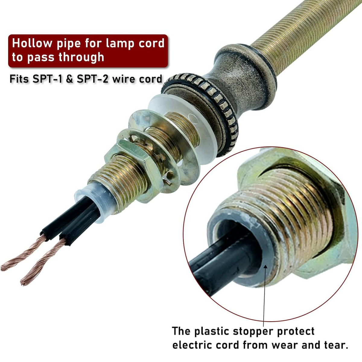 Lamp cord strain relief with brass threaded insert and plastic stopper for cord protection