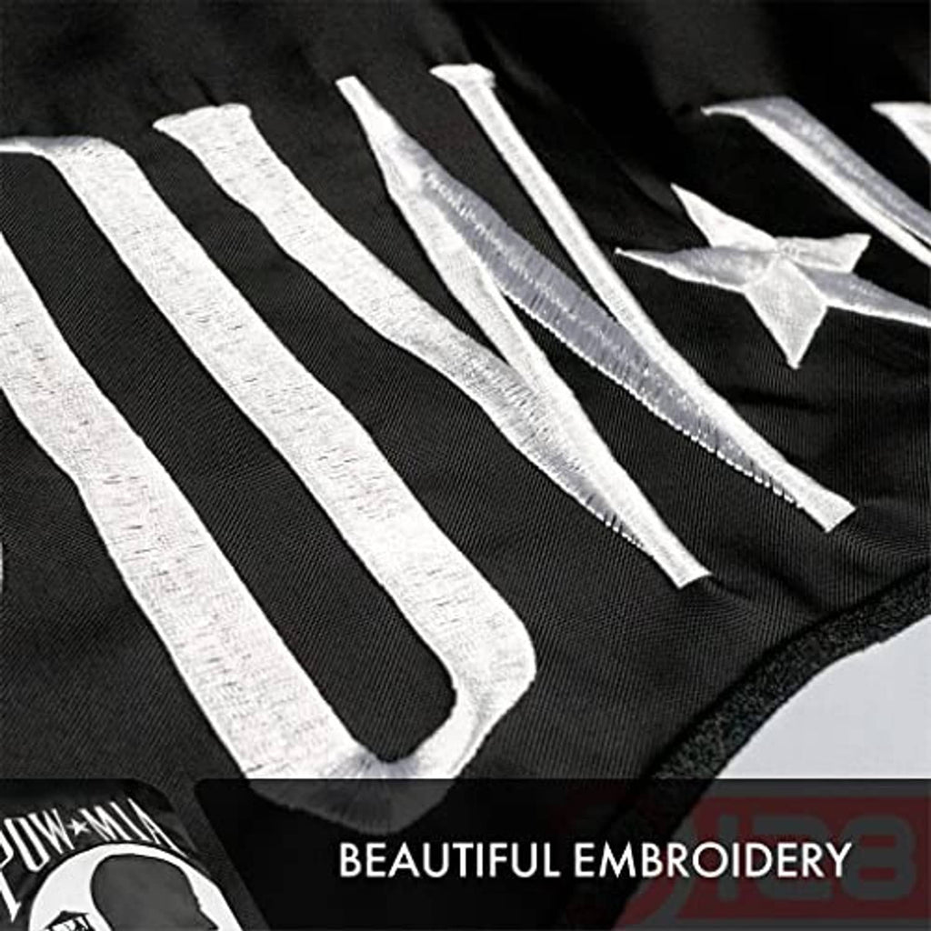 POW-MIA flag with close-up embroidery of POW text, stripes, and white star