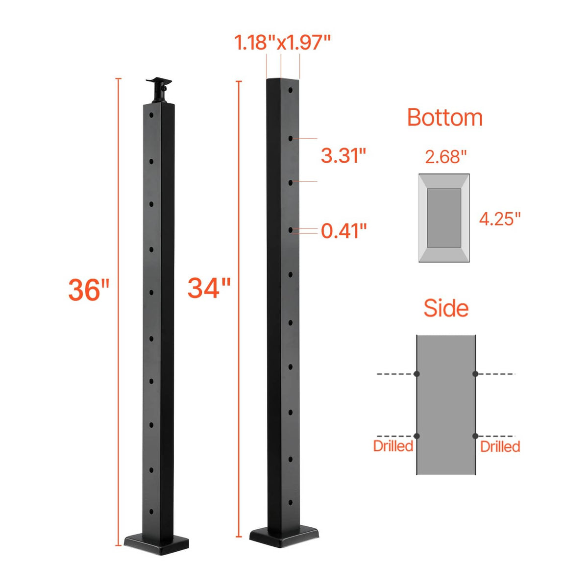 Pair of black cable railing posts showing side and bottom drilled hole positions
