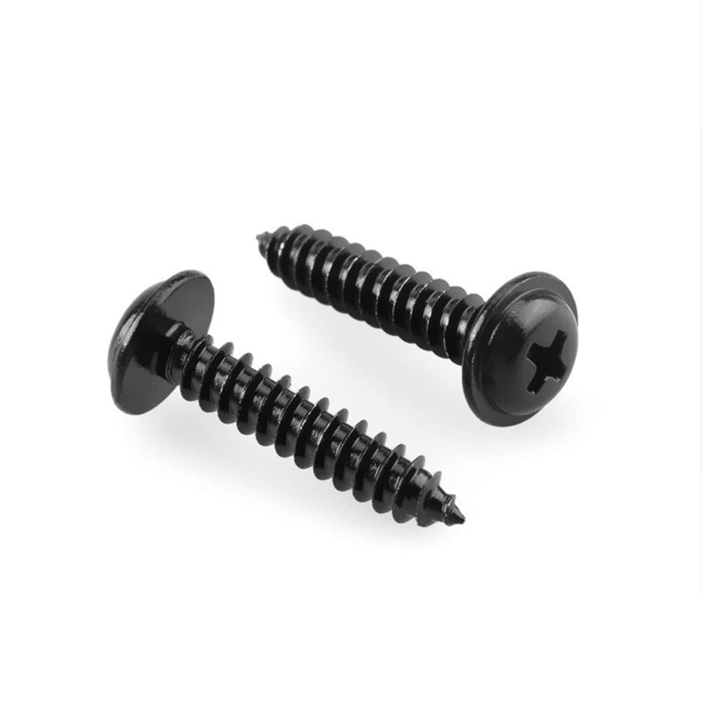Black self-tapping wood screws with Phillips drive and wide truss heads, side view