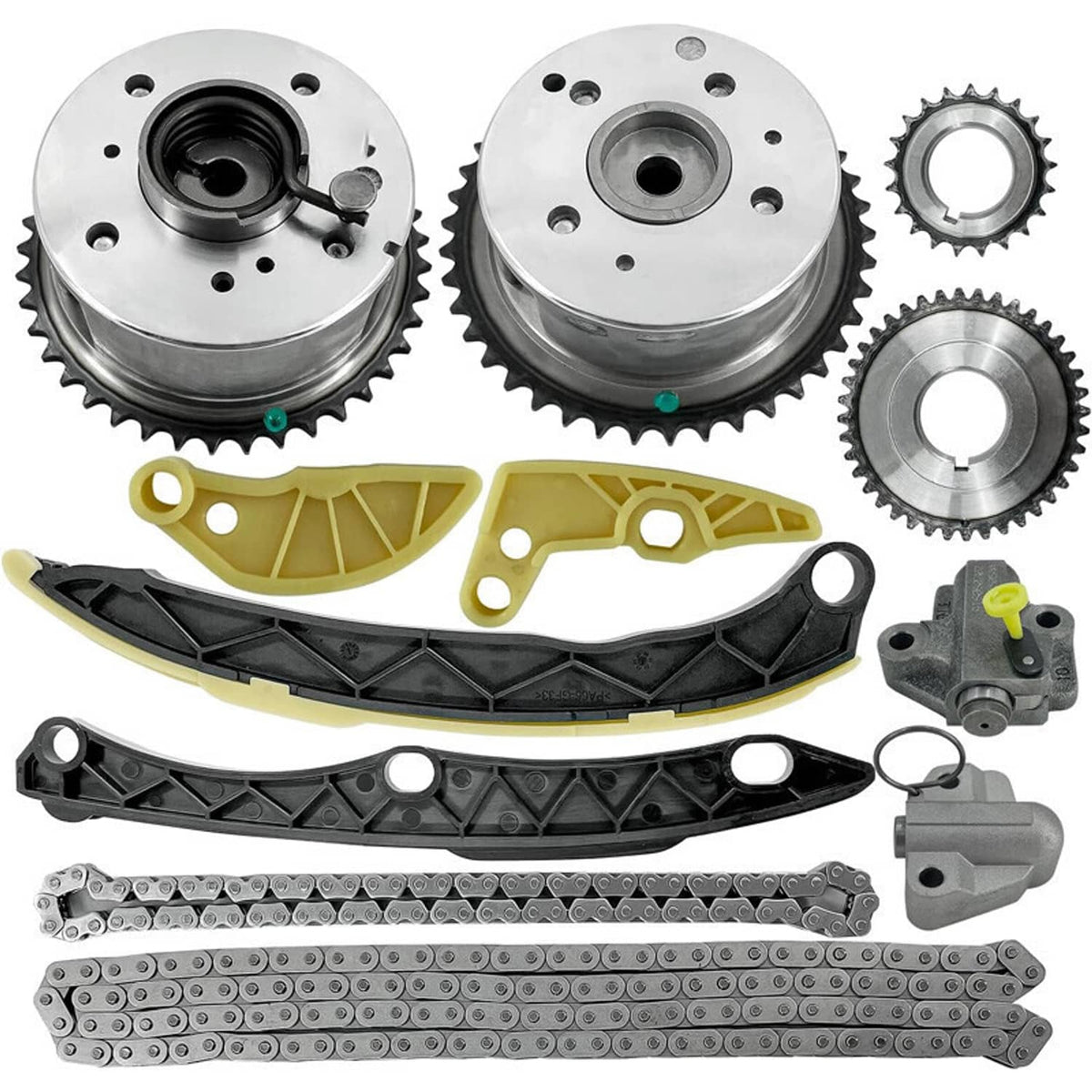 Timing chain kit parts including cam sprockets, chain, black and tan guides, and tensioner