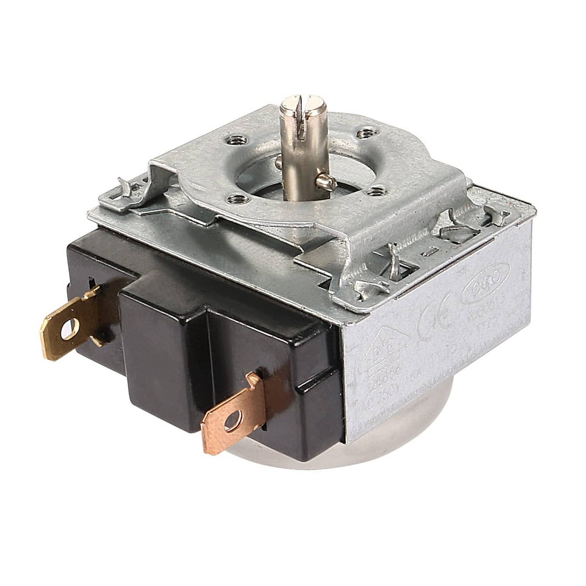 120-minute timer switch with round silver shaft and metal housing, visible electrical terminals