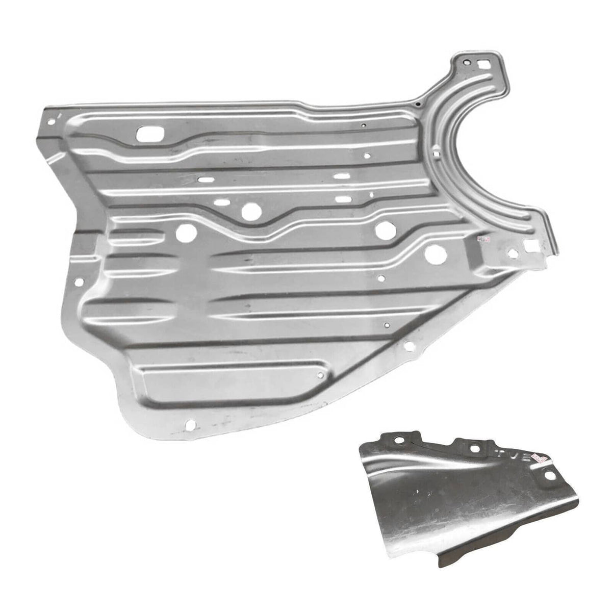 Silver metal engine splash guard cover board with cutouts and rounded edge channel