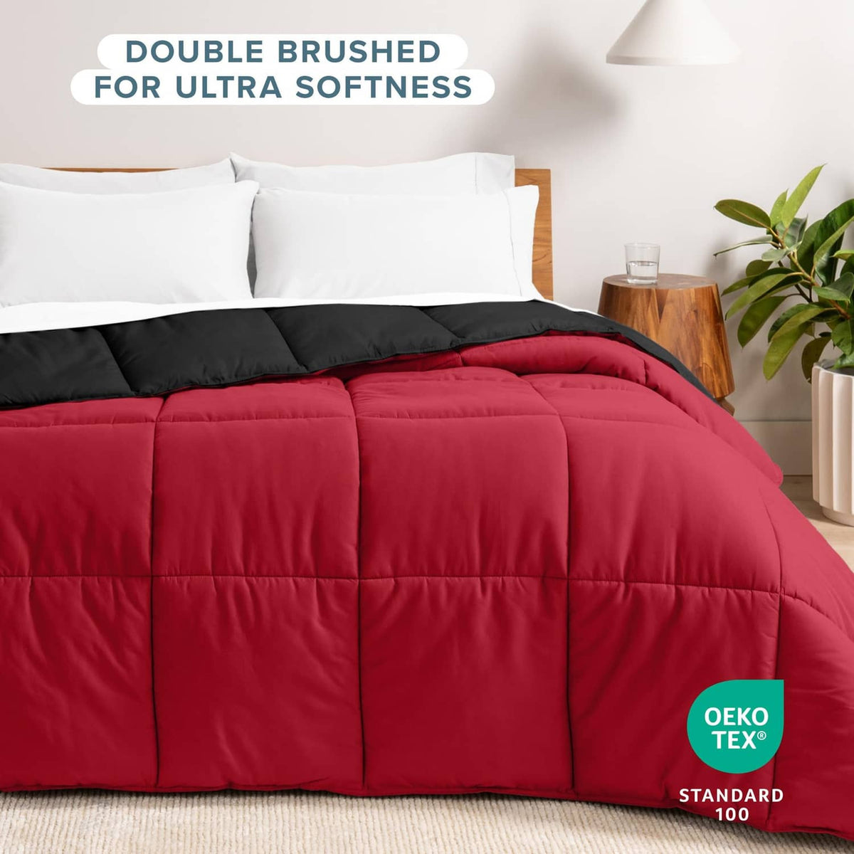 Quilted red reversible comforter with box baffle channels for padded fill.