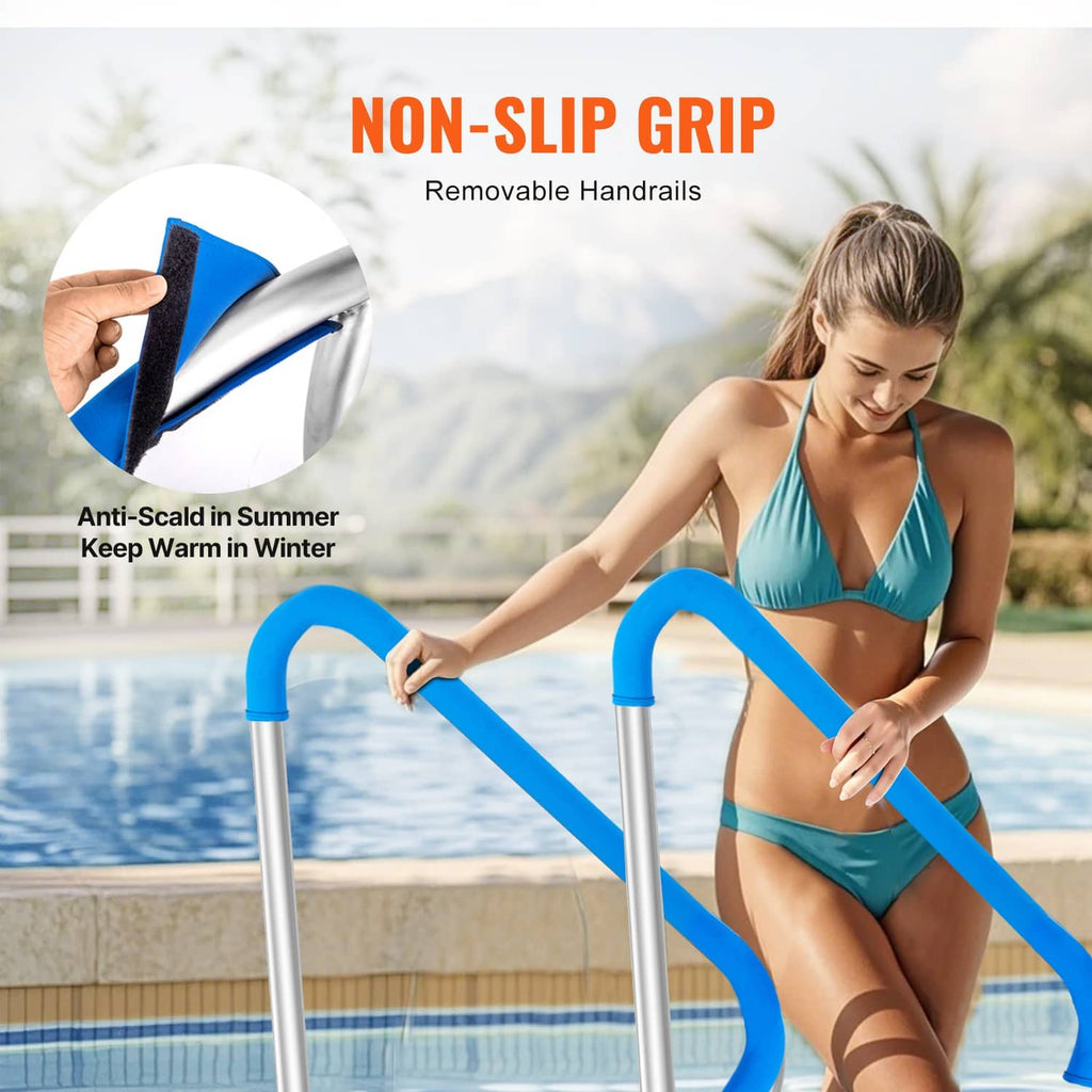 Swimming pool handrail with blue non-slip grip; stainless steel curved rails and posts