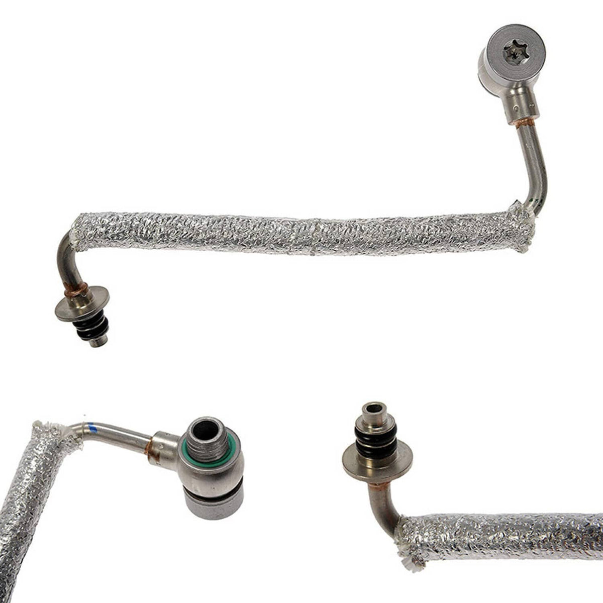Metal and braided coolant return hose line with multiple connection fittings