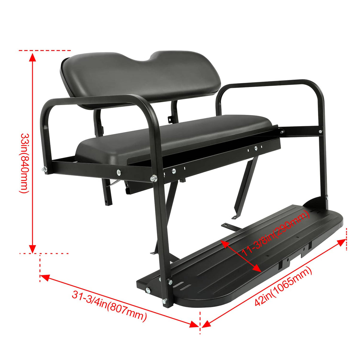 Black rear seat with dark gray backrest cushion and fold-down foot platform