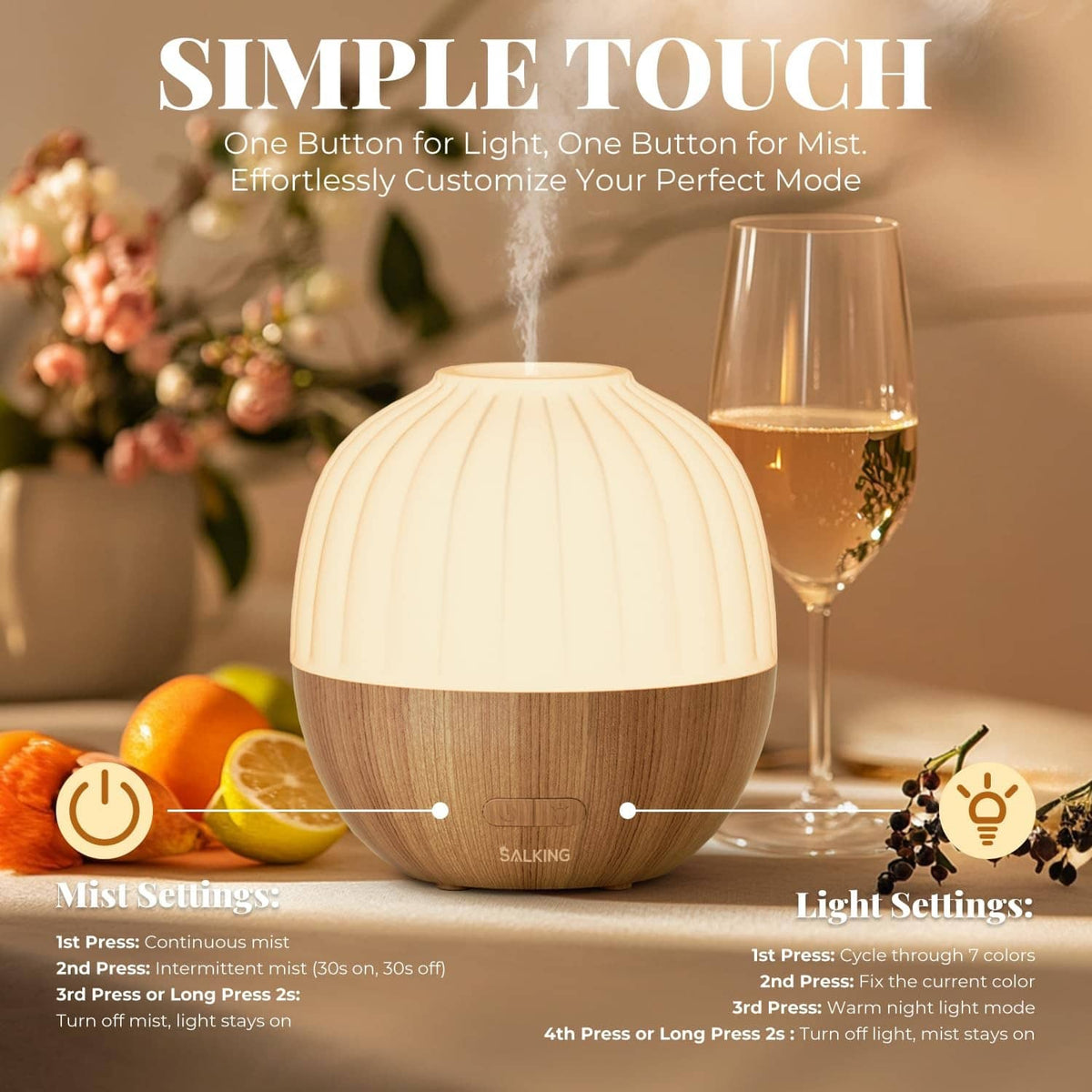 Wood-and-white essential oil diffuser with visible steam and warm light glow