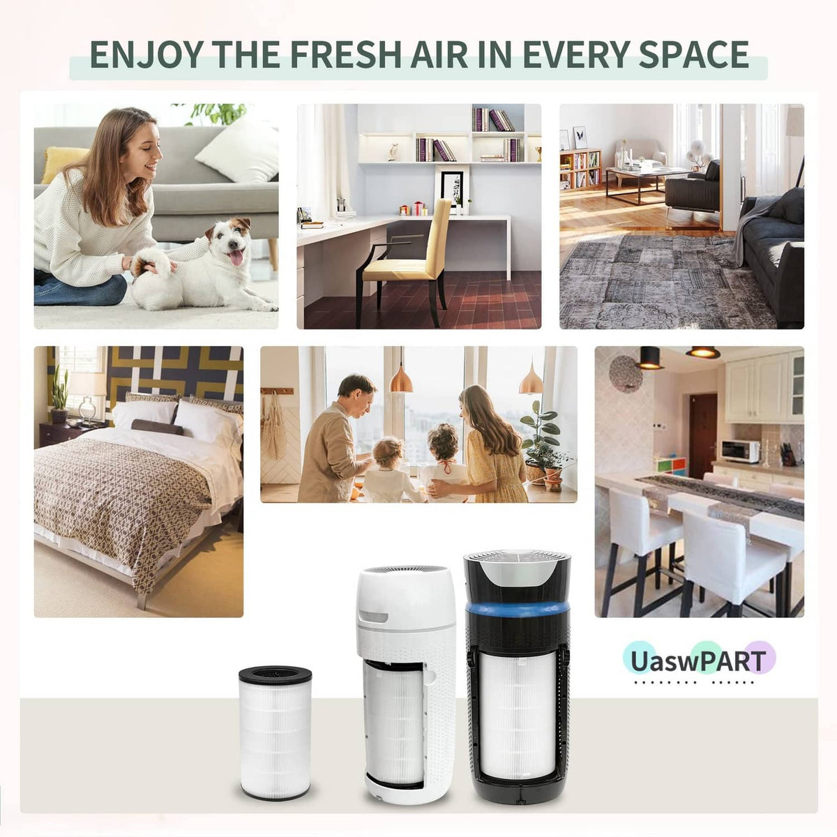 White pleated cylindrical air purifier replacement filters with black caps, set of two