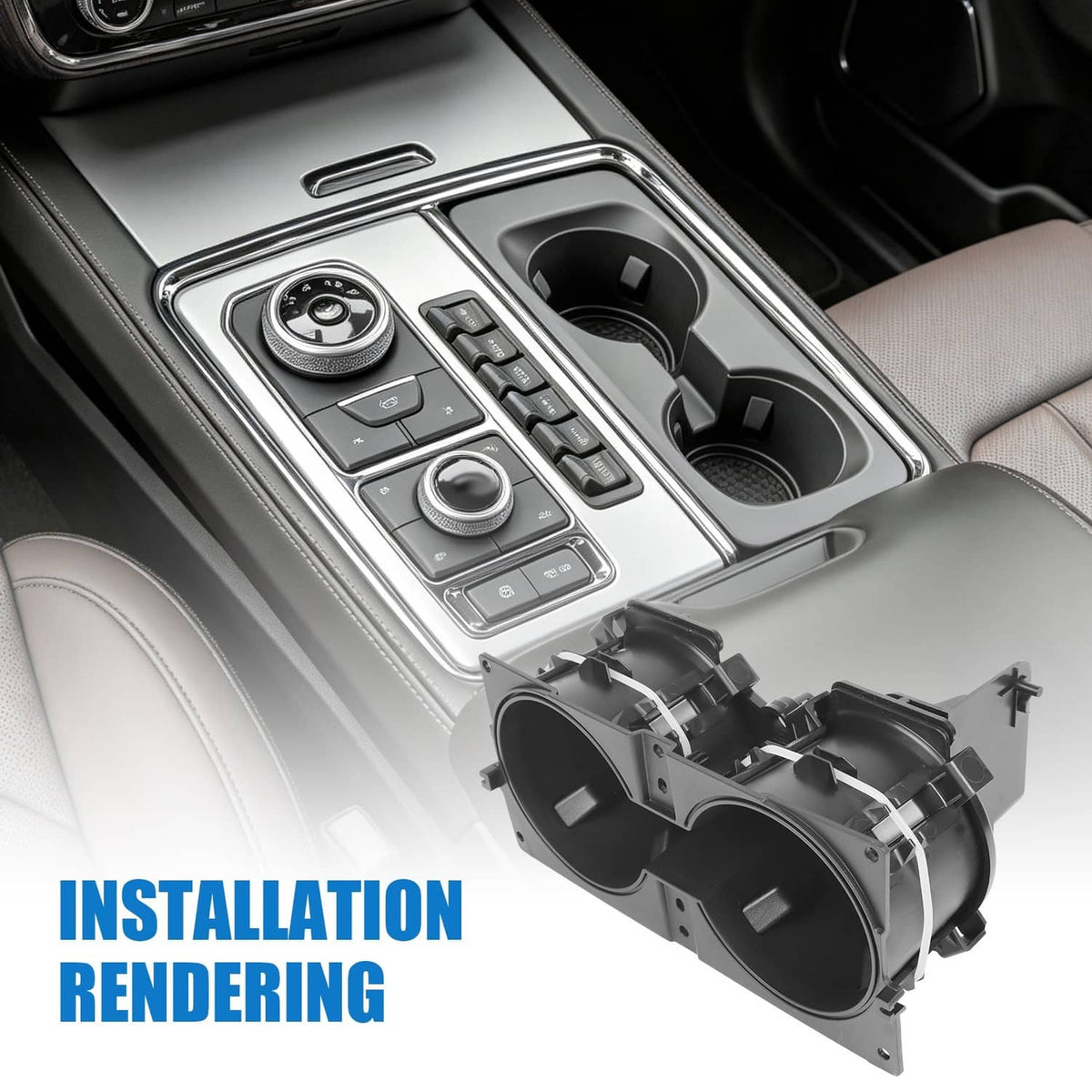Dual cup holder openings in center console trim, black inserts with cup wells
