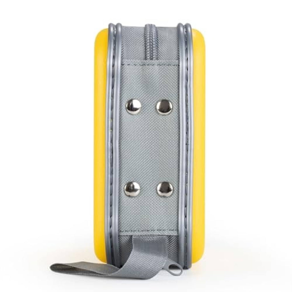 Back view of yellow hard DVD/CD case with gray panel, riveted strap attachments, and zipper.