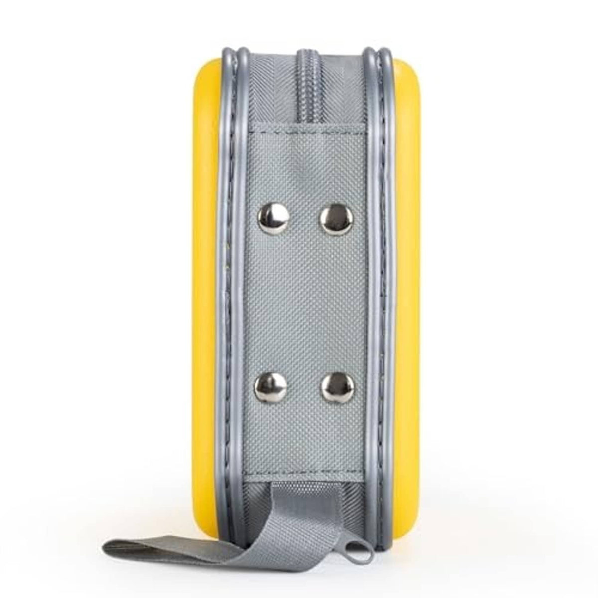 Back view of yellow hard DVD/CD case with gray panel, riveted strap attachments, and zipper.