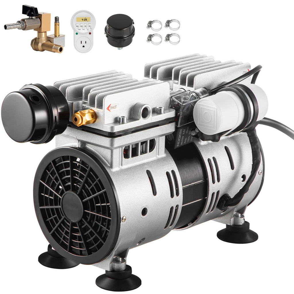 Pond aerator compressor with included accessories: pump, gauge, tubing fittings, and caps