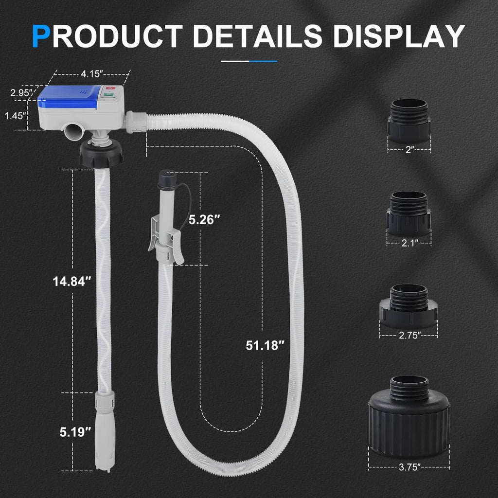 Fuel transfer pump with white hose, black nozzle, and multiple threaded adapters for cans