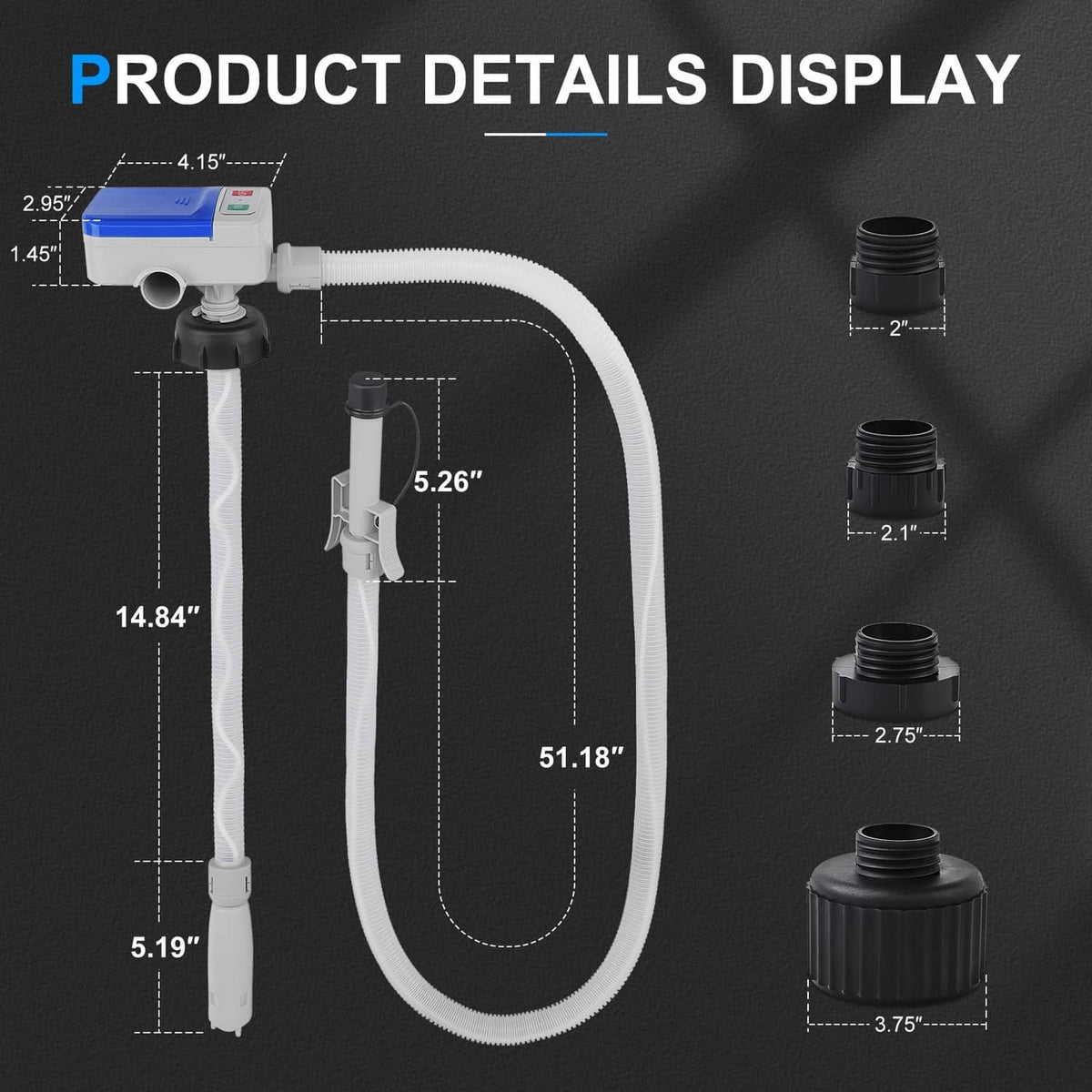 Fuel transfer pump with white hose, black nozzle, and multiple threaded adapters for cans