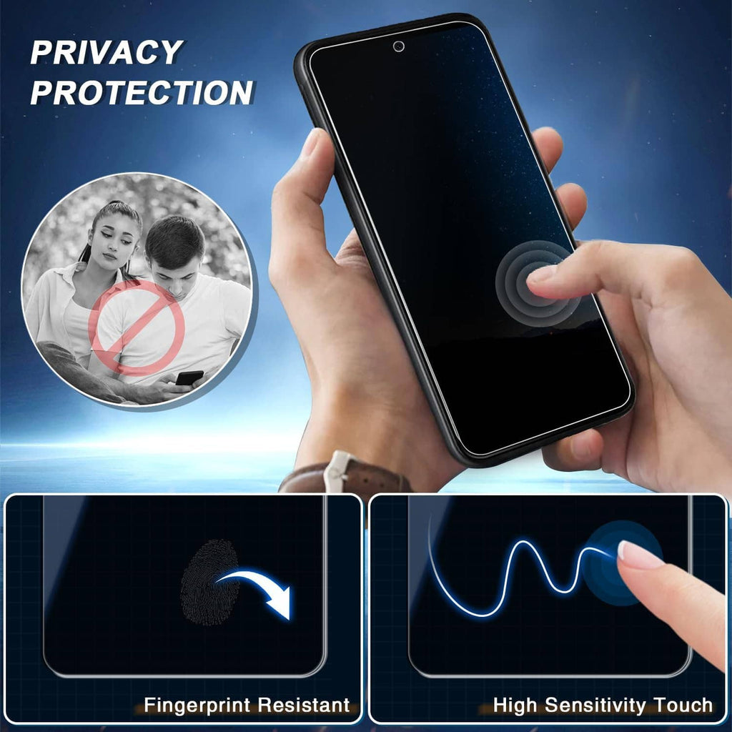 Privacy tempered glass screen protector with fingerprint-resistant, high-sensitivity touch