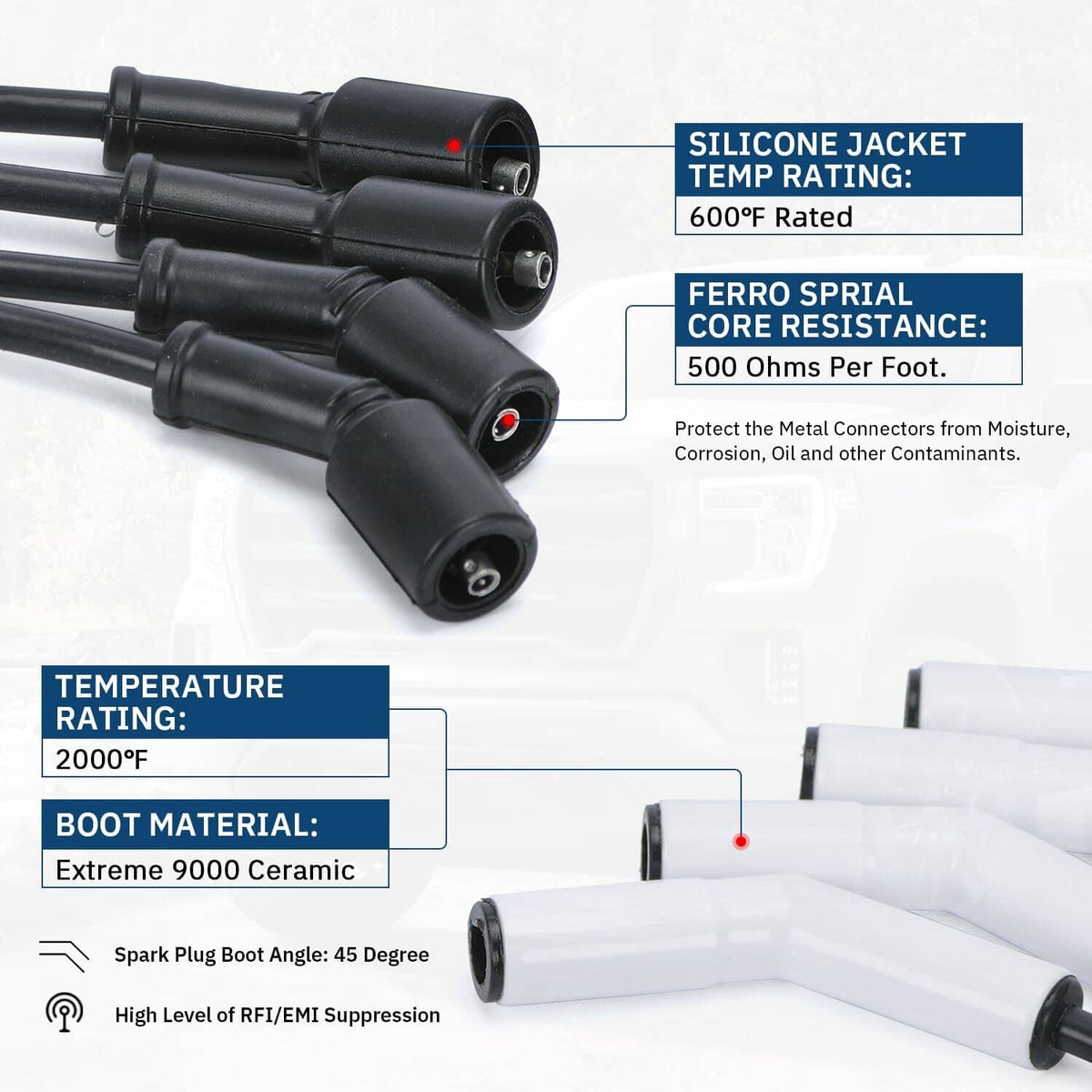 Spark plug wire set with black silicone-jacket wires and angled boots