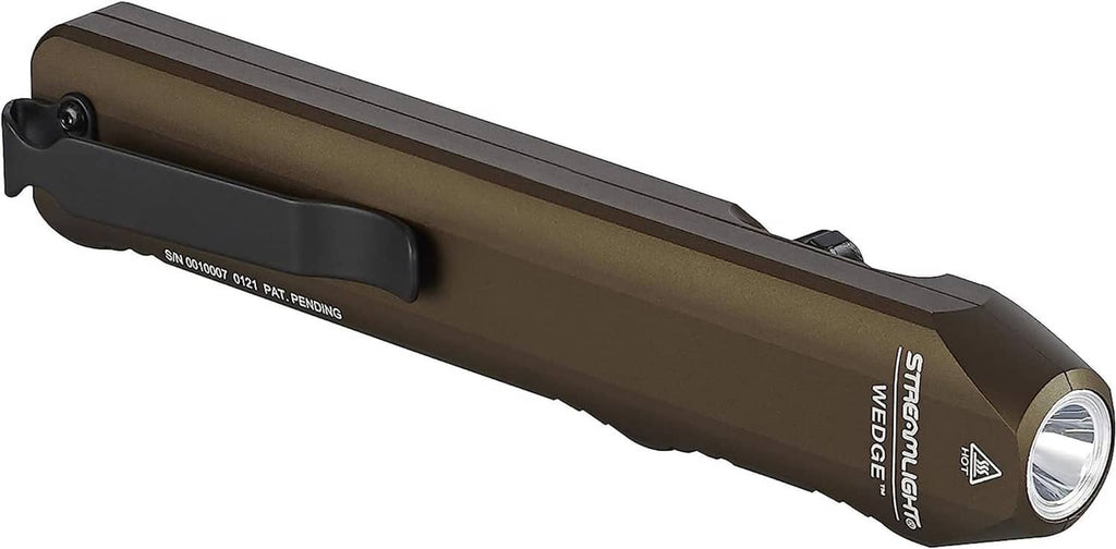 Coyote Streamlight Wedge EDC flashlight, angled side view with textured grip and front lens