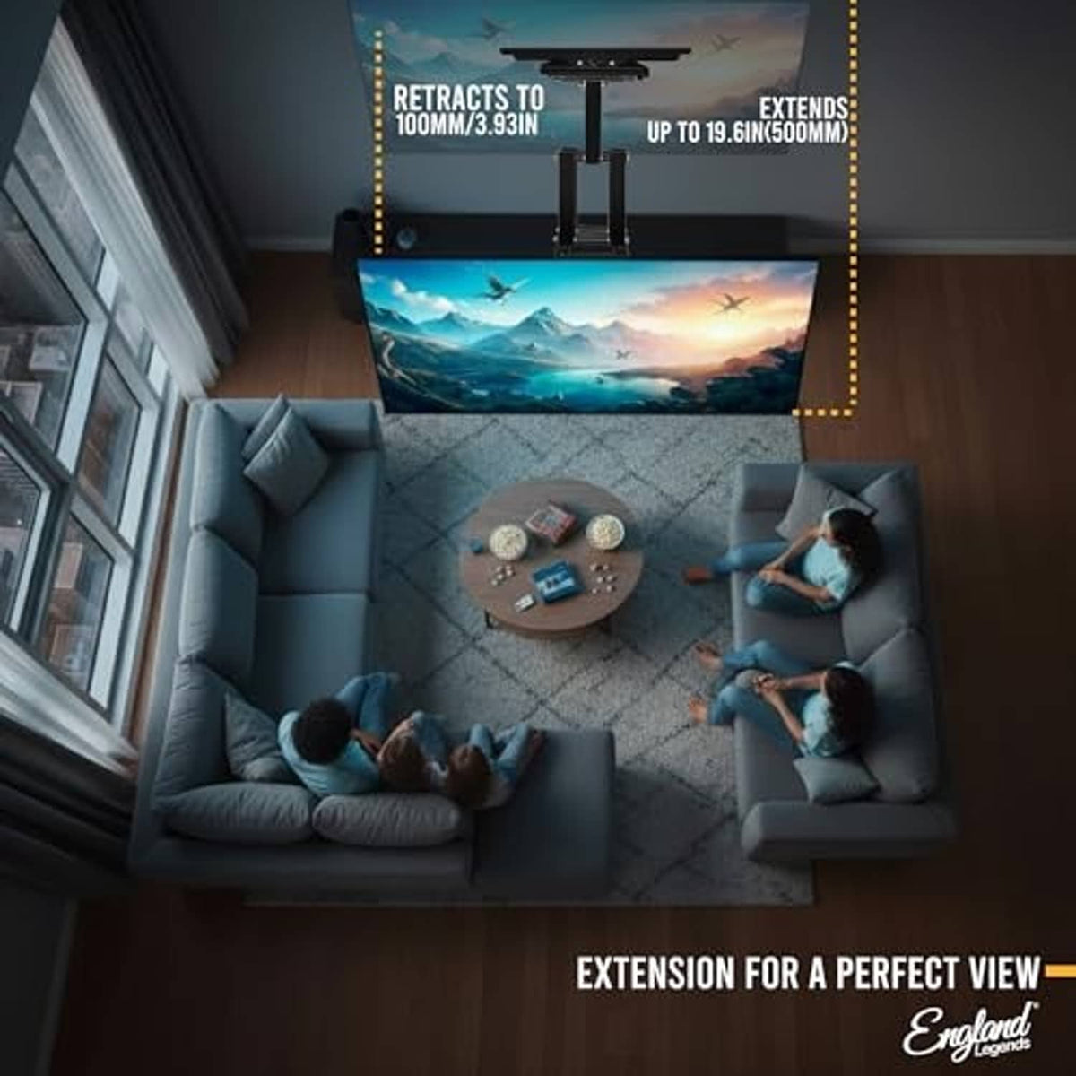 Full motion TV wall mount extended outward for viewing with black dual-arm bracket
