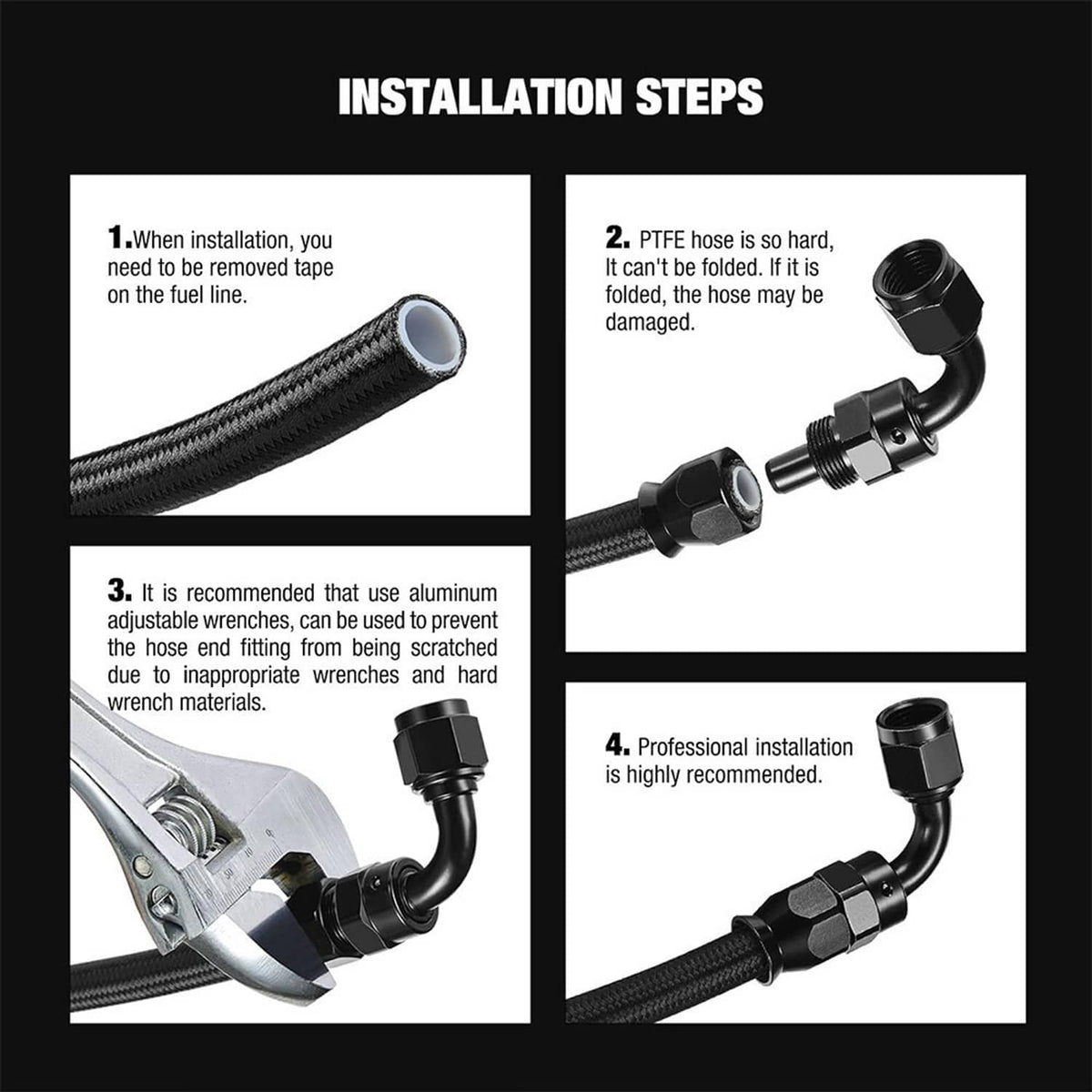 Black PTFE braided fuel hose with AN connector fittings shown in installation steps